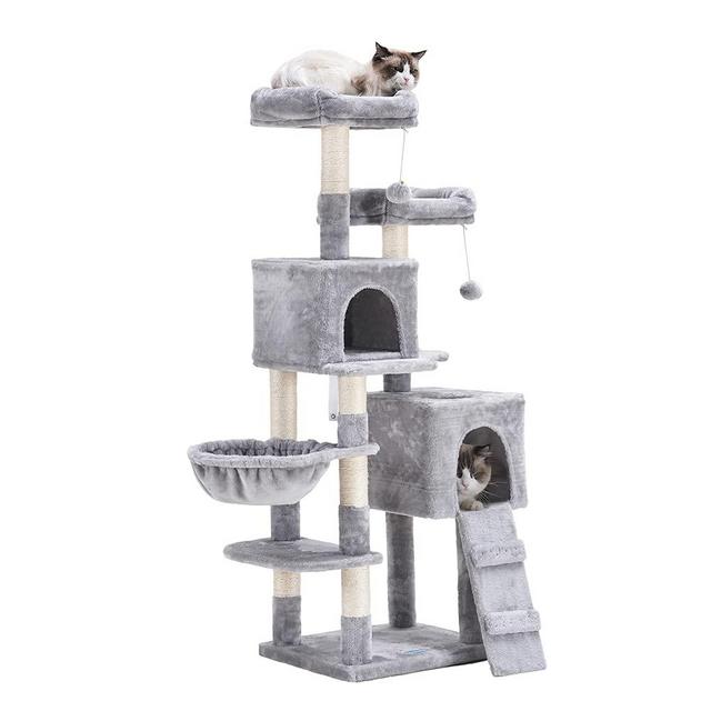 Hey-brother 58'' Multi-Level Cat Tree Condo Furniture with Sisal-Covered Scratching Posts, 2 Plush Condos, Hammock for Kittens, Cats and Pets