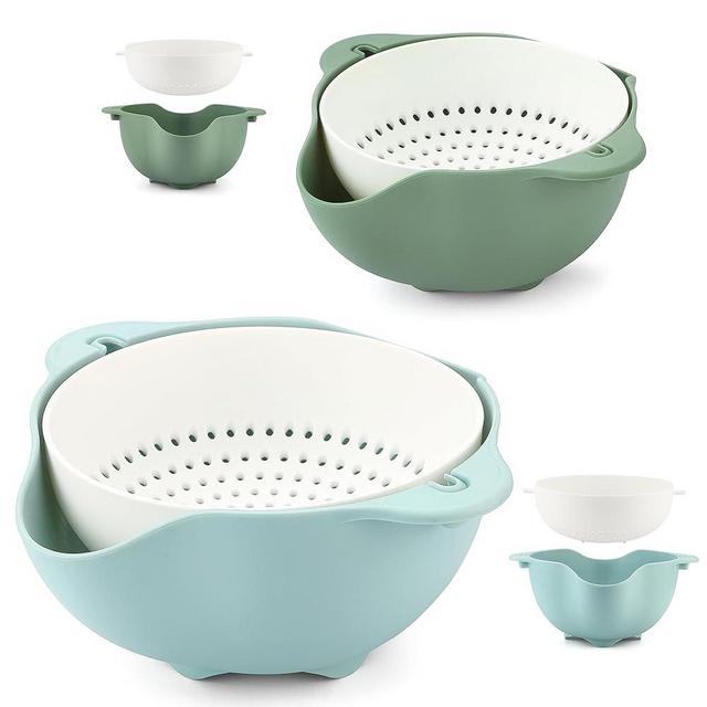Pazash Double-layer Rotatable Colander, Heat-resisted Pasta Strainer, Food Level BPA Free Colanders and Strainers Bowls Set,2 Set Kitchen Draining Bowl Vegetable Washing Basket ，Aqua Sky and Green