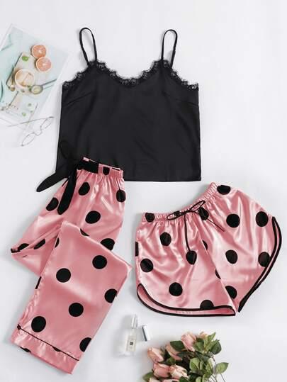 3pcs Lace Trim Polka Dot Bow Detail Satin PJ Set