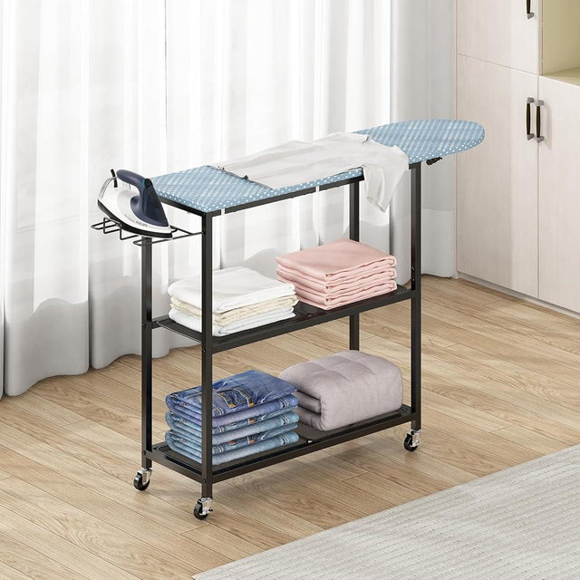 GILLAS Ironing Board with 2 Tier Storage Basket, Movable Ironing Board Full Size for Iron Rest & Clothes, Tabletop Ironing Boards, Ironing Stand Iron Boards Ironing Table Rustic Blue