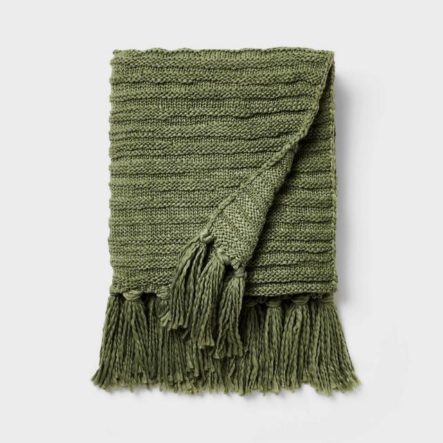 Raised Striped Chunky Knit Throw Blanket Sage - Threshold™ designed with Studio McGee
