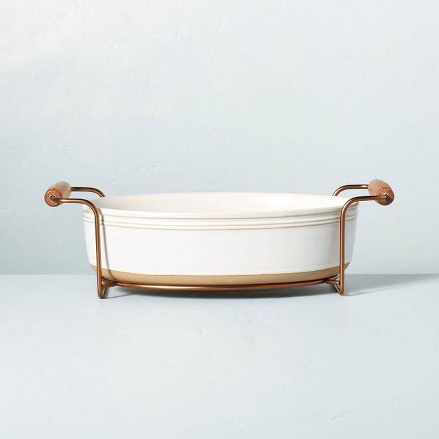 Oven-to-Table Stoneware 8" x 14" Oval Baking Dish with Metal Stand Sour Cream - Hearth & Hand™ with Magnolia