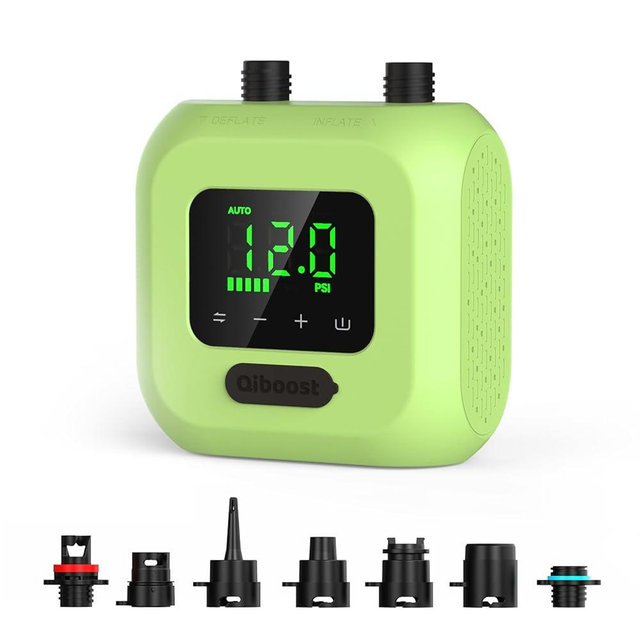 Qiboost Electric SUP Air Pump with Battery, 20 PSI High Pressure Rechargeable Paddle Board Pump, Dual Stage Inflation, Auto Shut-Off for Kayak, Kite Wings, Tents & Air Mattresses