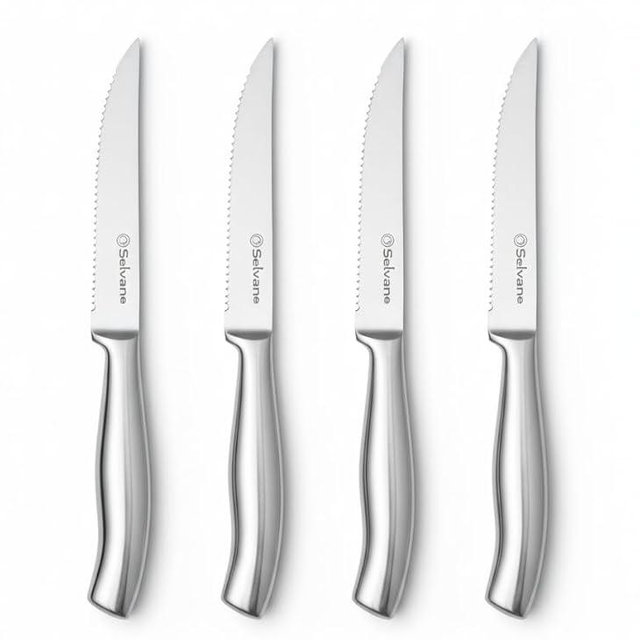Steak Knives Set of 4, Rust Free Stainless Steel Steak Knife Set with Sharp Serrated Edge and Non Slip Handle