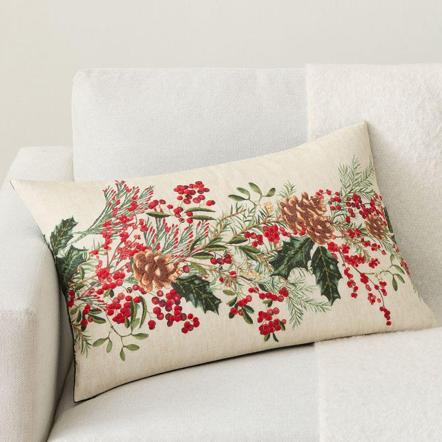 Holly Berry Embroidered Lumbar Pillow Cover, 16x26", Flax Multi
