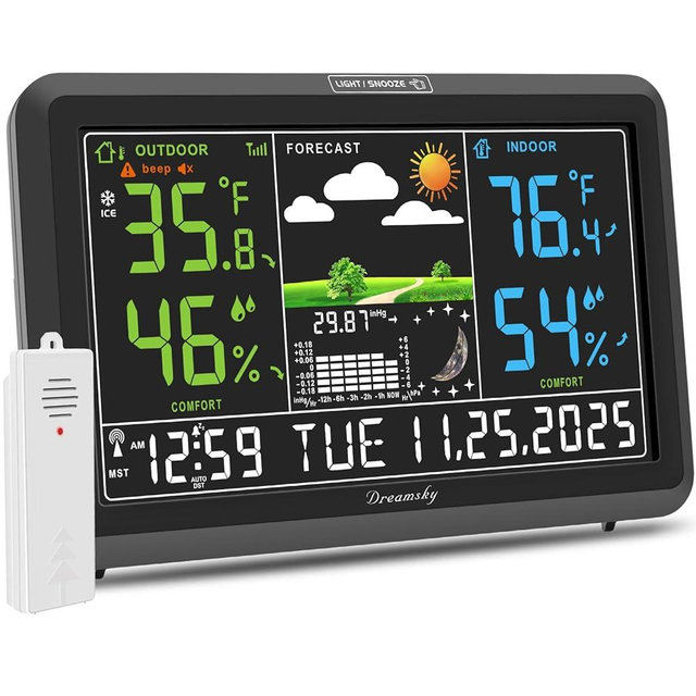 DreamSky Weather Station Indoor Outdoor Thermometer Wireless with Digital Atomic Clock for Home, Large Display with Dimmer, USB Port, Inside Outside Temperature Humidity Monitor (Adapter Powered)