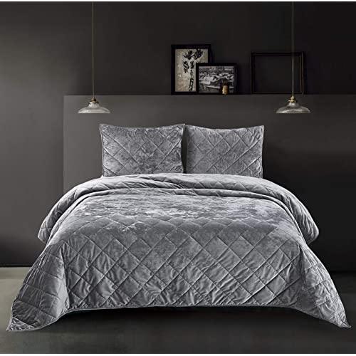 SHALALA NEW YORK Velvet Quilt Set Lightweight Comforter Set for All Seasons - Luxury Coverlet, Bed Spread with Soft Plush, Cotton Back, Geometric Pattern - Machine Washable (Gray New, Full/Queen)