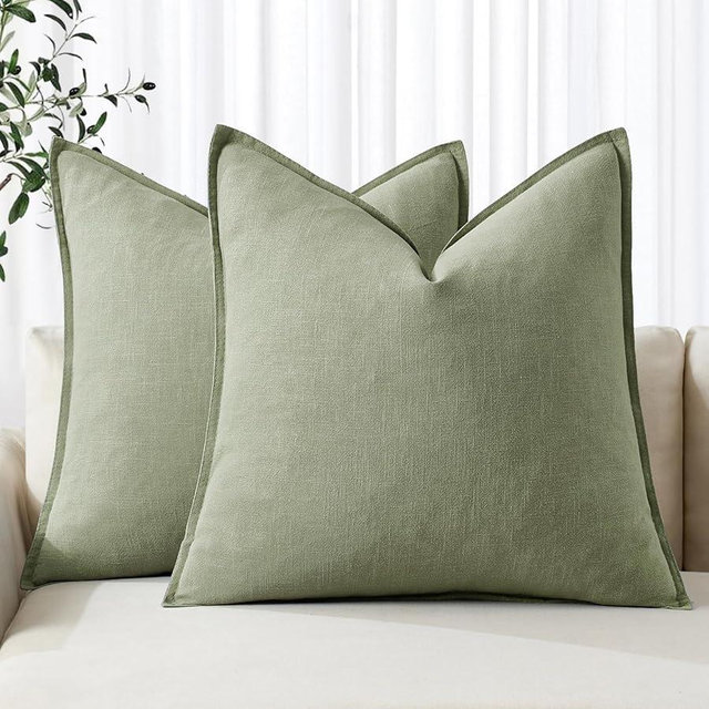 MIULEE Decorative Linen Euro Sham Pillow Covers 24x24 Sage Green ​Boho Farmhouse​ ​Neutral Spring Couch Throw Pillows for Bed Pack of 2 Accent Modern Pillowcase Summer Sofa Livingroom Home Decor