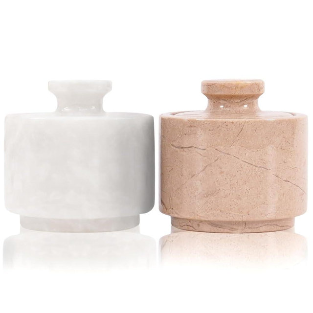MARBLOUS KRAFTS Marble Salt Cellar 3" White and Verona Salt Holder with Lid Storage Container, Kitchen Table Decor Spice Jars, Seasoning Container
