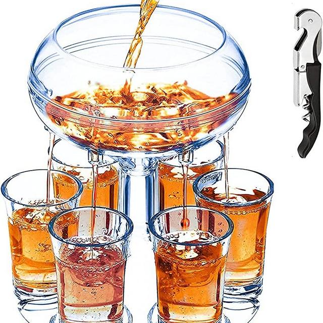 Adjustable Shot Glass Dispenser and Holder Made of Food Grade Plexiglass, Shot Dispenser with 6 Drinking Glasses for Kinds of Parties (Blue)