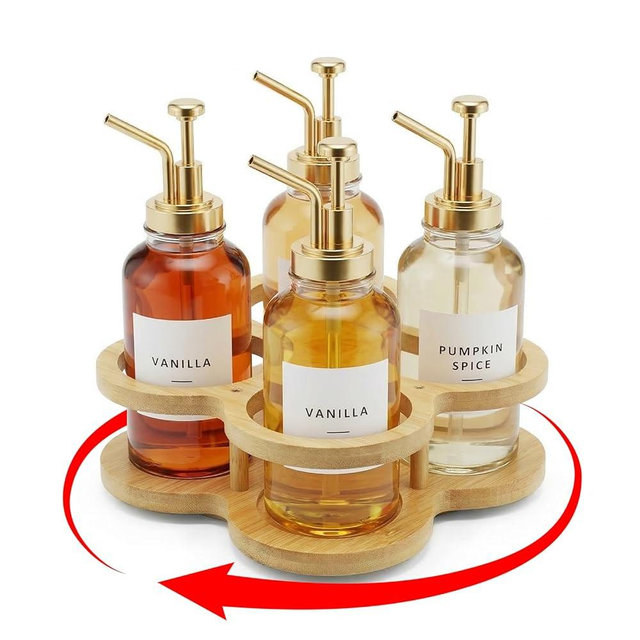 Wiojtry Rotating Coffee Syrup Organizer Rack, 4 Bottles Syrup Bottle Holder for Coffee Syrup Dispenser 16.9oz, Bamboo Coffee Syrup Rack for Coffee Bar Station Countertop, Coffee Bar Accessories