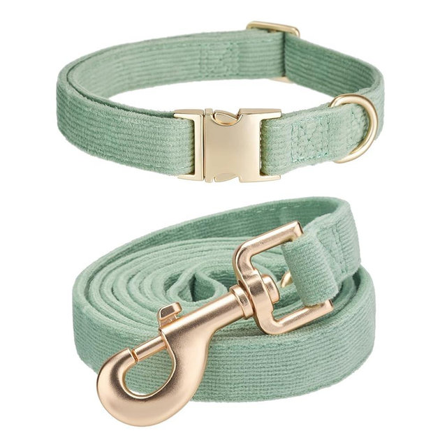 Ewinoom Soft Corduroy Dog Collar and Leash Set Adjustable Durable Dog Collars with Metal Buckle and Lead for Large Dogs,Grass Green