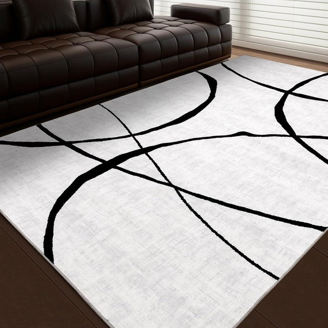 YIHOUSE 6'x9' Black and White Rug- Washable Area Rug for Living Room Bedroom, Large Modern Non-Slip Ultra-Thin Rug Home Decor,Curve,6x9ft