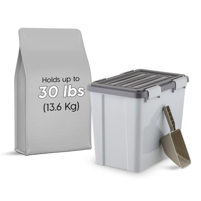 IRIS USA 30lbs/32qt Dog Food Storage Container with 2 Cup Scoop, Gasket Seal Lid, Gray/Dark Gray