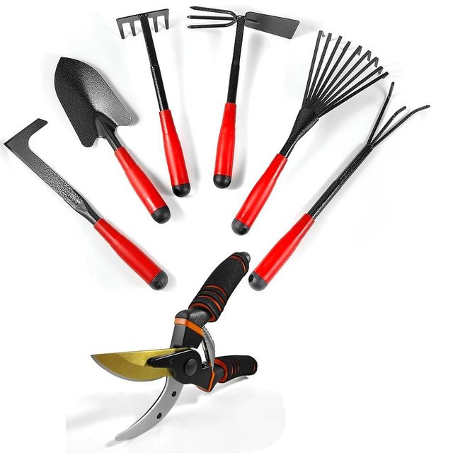 Set of 7 Heavy Duty Gardening Tool Set, Rust-Resistant Handy Tools for Gardening, Ideal Gardening Gift Set, Including Trowel, Weeder, Hoes, and Rakes (Red)