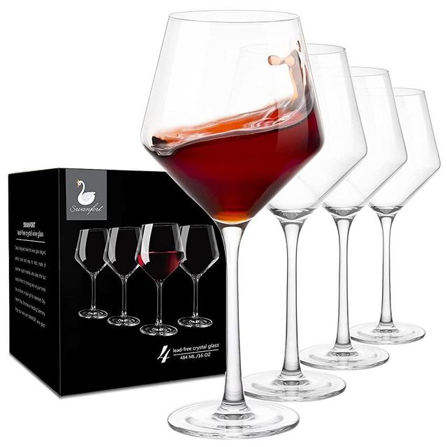 Swanfort Wine Glass Set 4,16 oz Lead-Free Italian Style Red Wine Glass with Long Stem,Crystal Burgundy Wine Glasses in Gift Box, Premium Clear Wine Glass for Home Bar, Kitchen, Restaurants