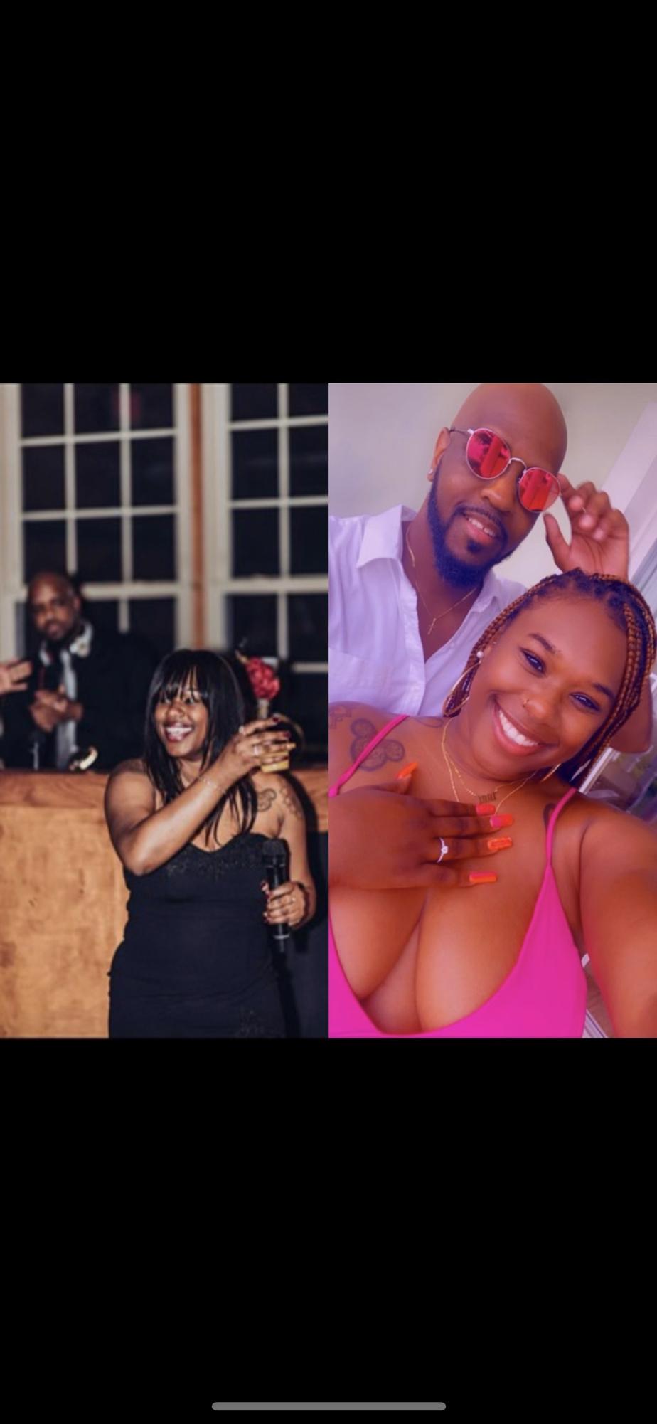How it Started vs How it’s Going…
Raven as the Maid of Honor and Jason as the DJ in the background at the wedding where they met. And their first picture as an engaged couple in Jamaica.