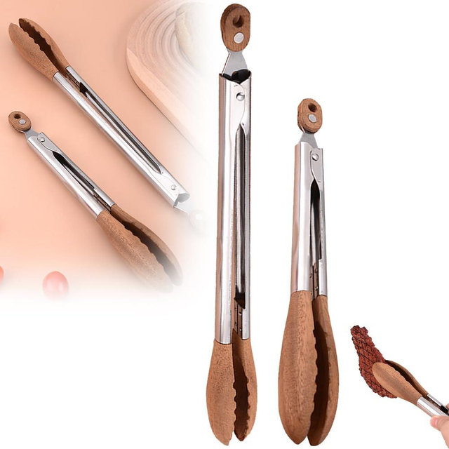 Wooden Tongs for Cooking,Stainless Steel Anti-Slip Long Handle Wood Salad Tongs with Hanging Hole,Household Creative Cooking Tongs for Bbq,Serving Food,Salad Tossing (9 Inch + 12 Inch)