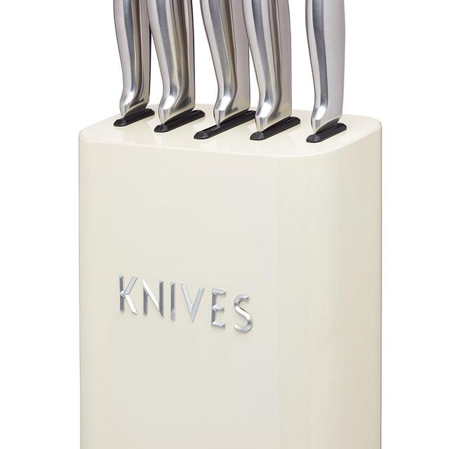 Kitchen Craft Lovello Retro 5-Piece Stainless Steel Knife Set and Knife Block – Vanilla Cream