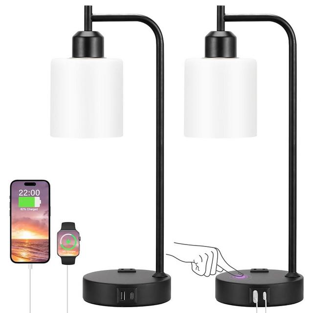 Industrial Touch Bedside Lamps for Bedrooms Set of 2 - 3-Way Dimmable Nightstand Lamps with USB C+A Ports and Outlet, Table Lamps with White Glass Shade for Living Room, Desk Lamps for Home Office
