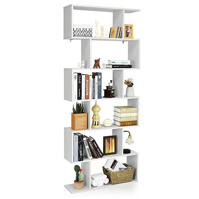 Tangkula 6 Tier S Shaped Bookshelf, 31.5''L x 9''W x 75''H, Wooden Bookcase and Bookshelves w/Anti-Tipping Device, Room Divider Display Shelves for Living Room, Home Decor, 6 Shelf Bookshelf