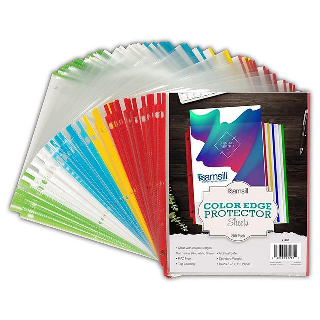 Samsill Colored Edge Sheet Protectors, 200 Pack, 8.5x11 Inch Page Protectors for 3 Ring Binder, Standard Weight, Letter Size, Top Loading, Acid Free