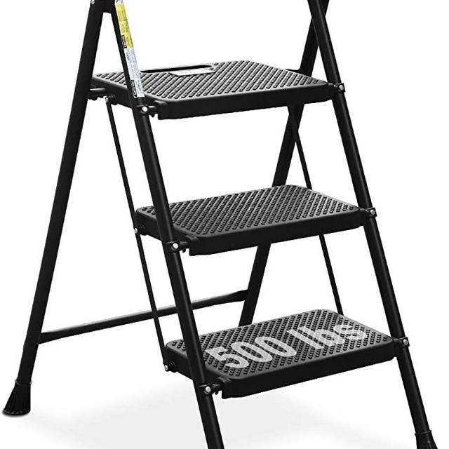 HBTower 3 Step Ladder, Folding Step Stool with Wide Anti-Slip Pedal, 500lbs Sturdy Steel Ladder, Convenient Handgrip, Lightweight, Portable Steel Step Stool, Black