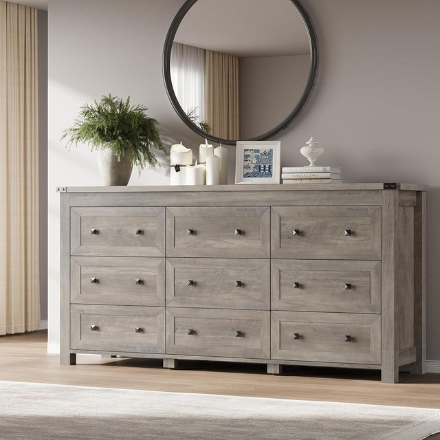BORNOON 9-Drawer Dresser, Modern Wooden Storage Chest of Drawers, Dresser TV Stand, Wood Drawer Organizer with Metal Handles for Bedroom, Living Room, Hallway