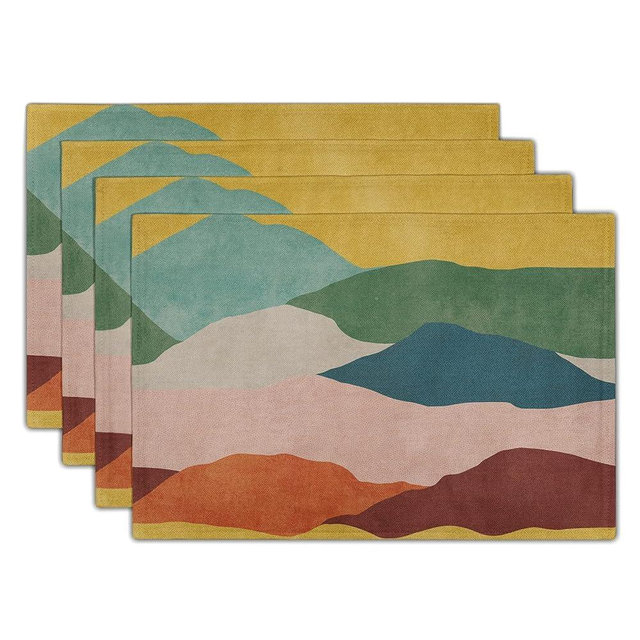 Colorful Art Placemats for Kitchen - Mountain Painting Placemats Set of 4 Abstract Modern Art Linen Table Mat Watercolor Place Mat Decorative Holiday Indoor Outdoor Dinner Decor 12 x 18 Inch