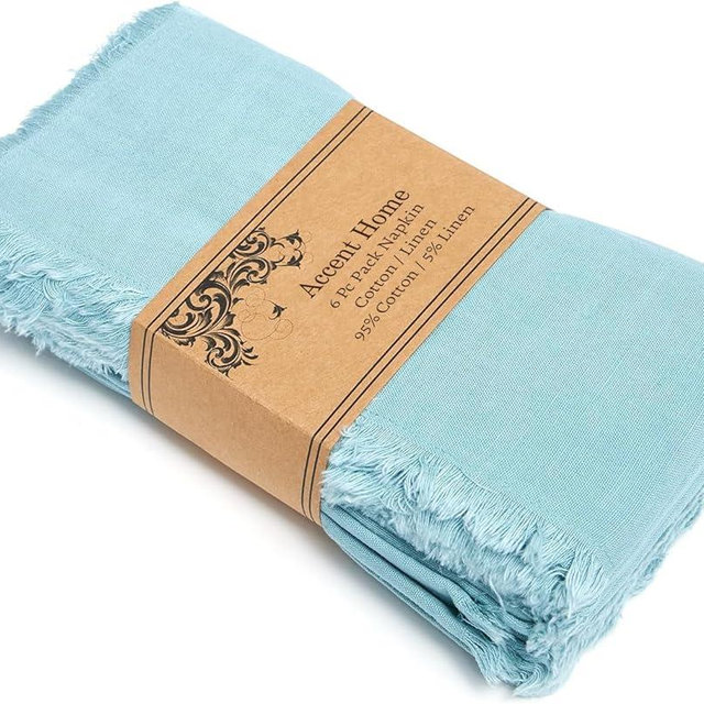 ACCENTHOME Blue Cotton Linen Napkin Set of 6 18x18 inch Dinner Napkins - Washable Soft Premium Hotel Quality Reusable Napkins Perfect Table Napkins for Family Dinners, Weddings & Everyday Use