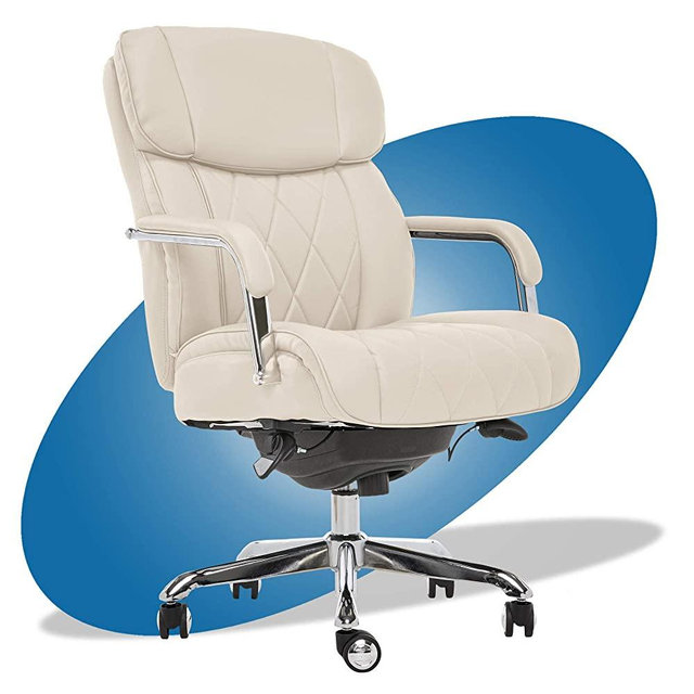 La-Z-Boy Sutherland Quilted Leather Executive Office Chair with Padded Arms, High Back Ergonomic Desk Chair with Lumbar Support, Ivory White Bonded Leather