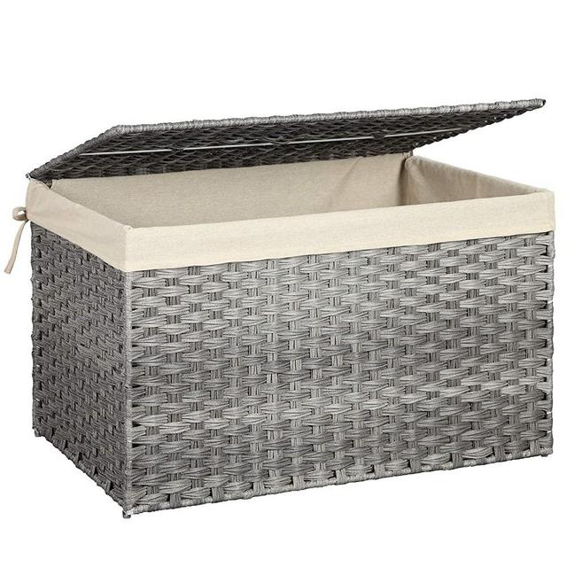 SONGMICS Storage Box with Cotton Liner, Rattan-Style Storage Basket, Storage Trunk with Lid and Handles, for Bedroom Closet Laundry Room, Gray URST76WG