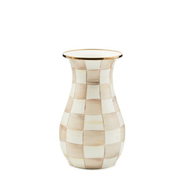 MACKENZIE-CHILDS Tall Enamel Checkered Vase, Unique Flower Vase, Brown-and-White Mocha Check, Steel, 6" L x 6" W x 12" H