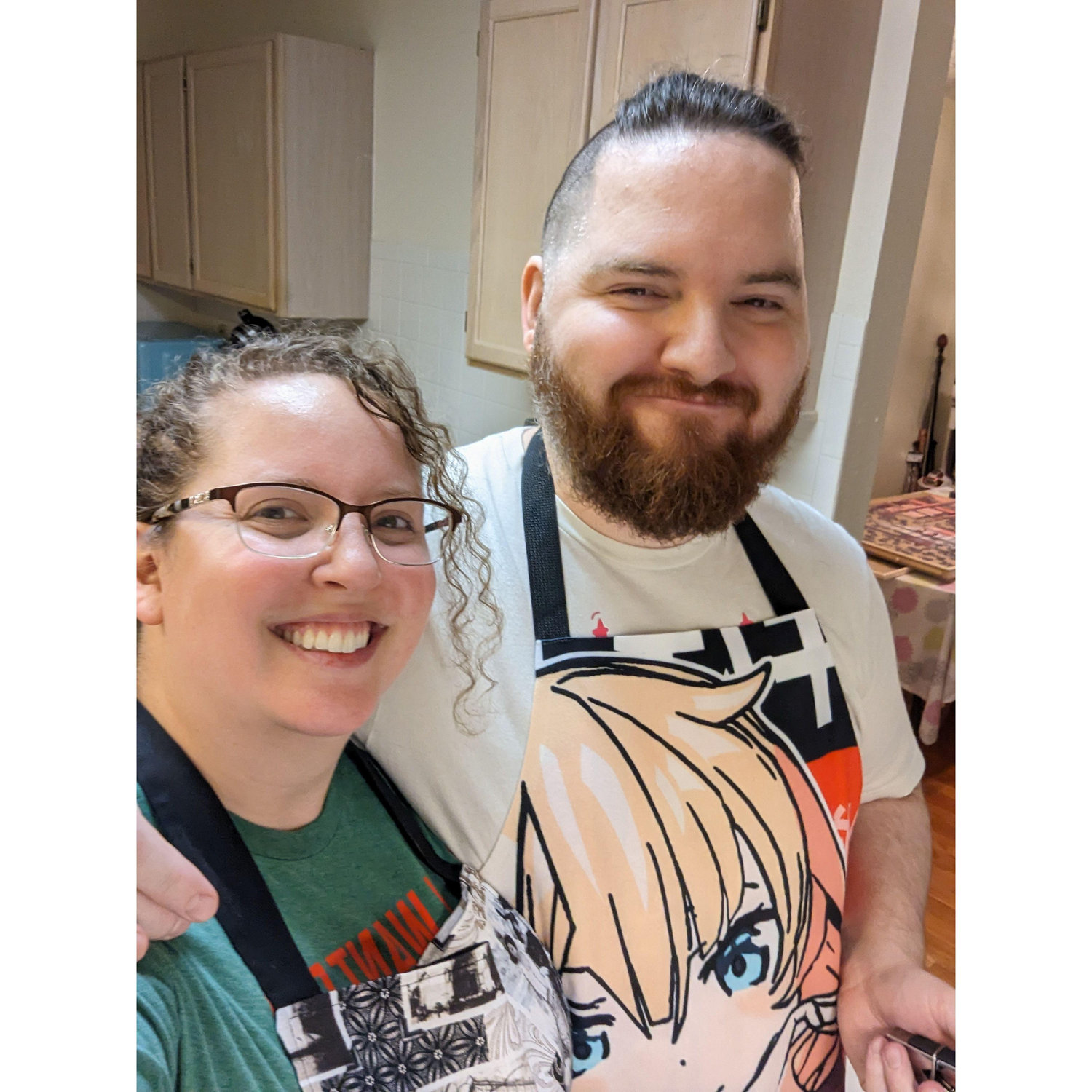 This is us cooking dinner together, in the custom aprons that his sisters got us for Christmas.
February 2024
