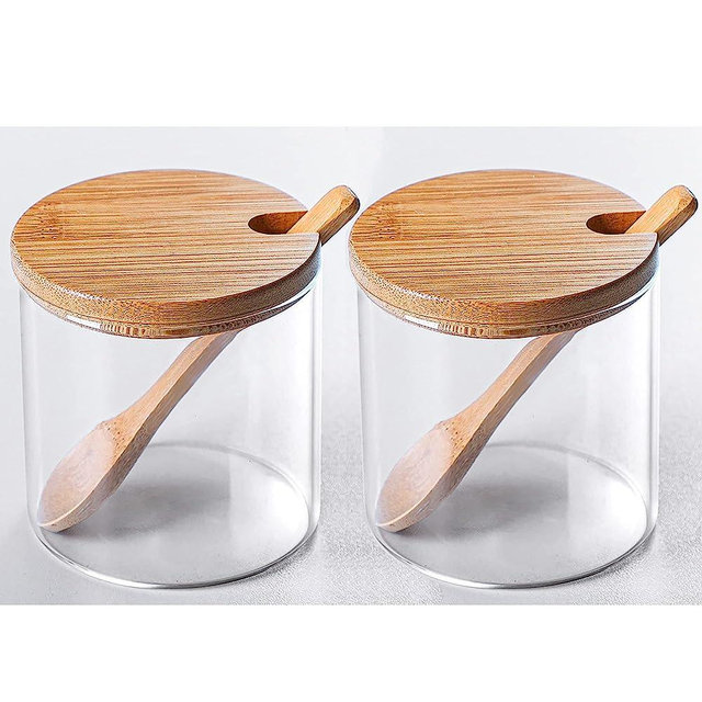 FANTESTICRYAN 2 PCS Clear Glass Condiment Canister Pots Set, Simple Stylish Decorative Storage Seasoning Container with Bamboo Lid & Spoon for Home Kitchen Café Storing Salt Sugar Spice