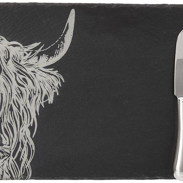 The Just Slate Company JS/CBGS/HC Highland Cow Cheese Board and Knife Gift Set, Slate