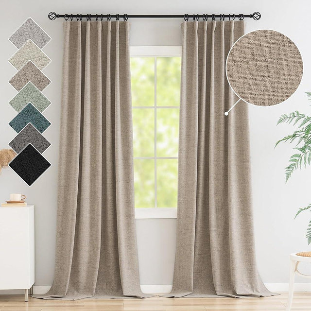 Novecozy 100% Blackout Curtains 96 Inches Length Long,Linen Thermal Insulated Curtains & Drapes for Bedroom/Living Room,Rod Pocket/Back Tab/Hook Belt/Ring Clips (2 Panels,W50 x L96,Natural)