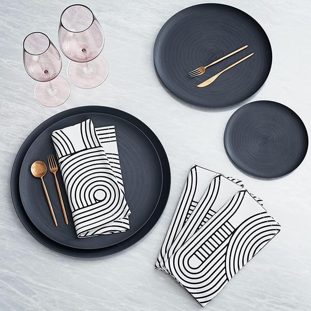 Avrit Dinner Napkins Cloth Washable Soft Cotton Set of 4 Black White Cloth Napkins Contemporary Design Printed Reusable Napkins- Perfect for Dinner, Weddings & Christmas, Picnic - 18 INCH x 18 INCH