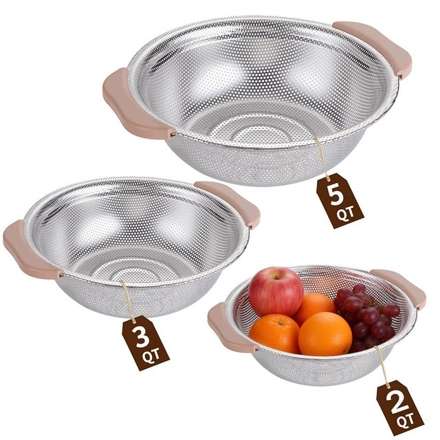 Lake Tian Colander Set with Plastic Handles, Stainless Steel Micro-Perforated Colanders Strainers for Draining Rinsing Washing, Ideal for Pasta Vegetables Fruits, Heavy Duty & Dishwasher Safe