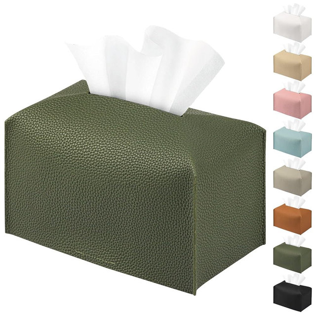 PENGLONG PU Leather Tissue Box Cover Holder Rectangle, Long Tissue Holder Case Facial Paper Organizer Dispenser for Bedroom, Vanity Countertop, Tabletop, Bathroom (1, Dark Green, Medium)