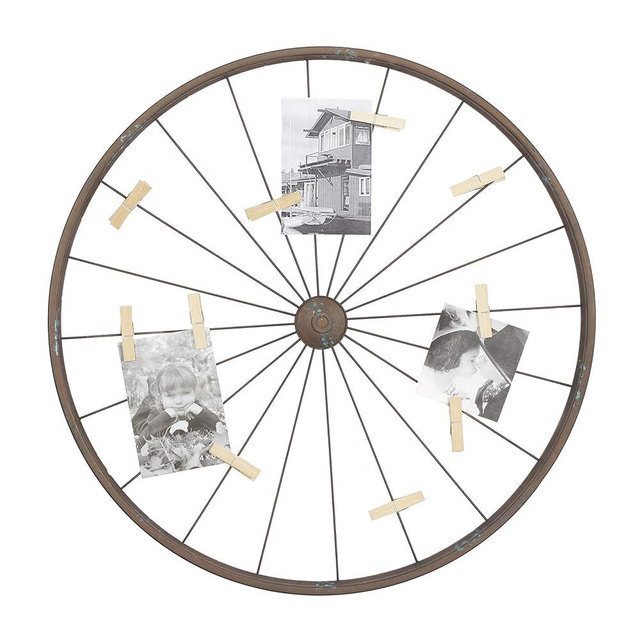 Deco 79 Metal Bike Home Wall Decor Wheel Wall Sculpture with Clothespin Photo, Wall Art 24" x 1" x 24", Brown