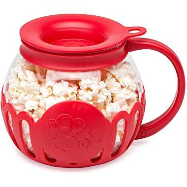 Ecolution EKPRE-4215 Original Microwave Micro-Pop Popcorn Popper, Borosilicate Glass, 3-in-1 Silicone Lid, Dishwasher Safe, BPA Free, 1.5 Qt - Snack Size, Red