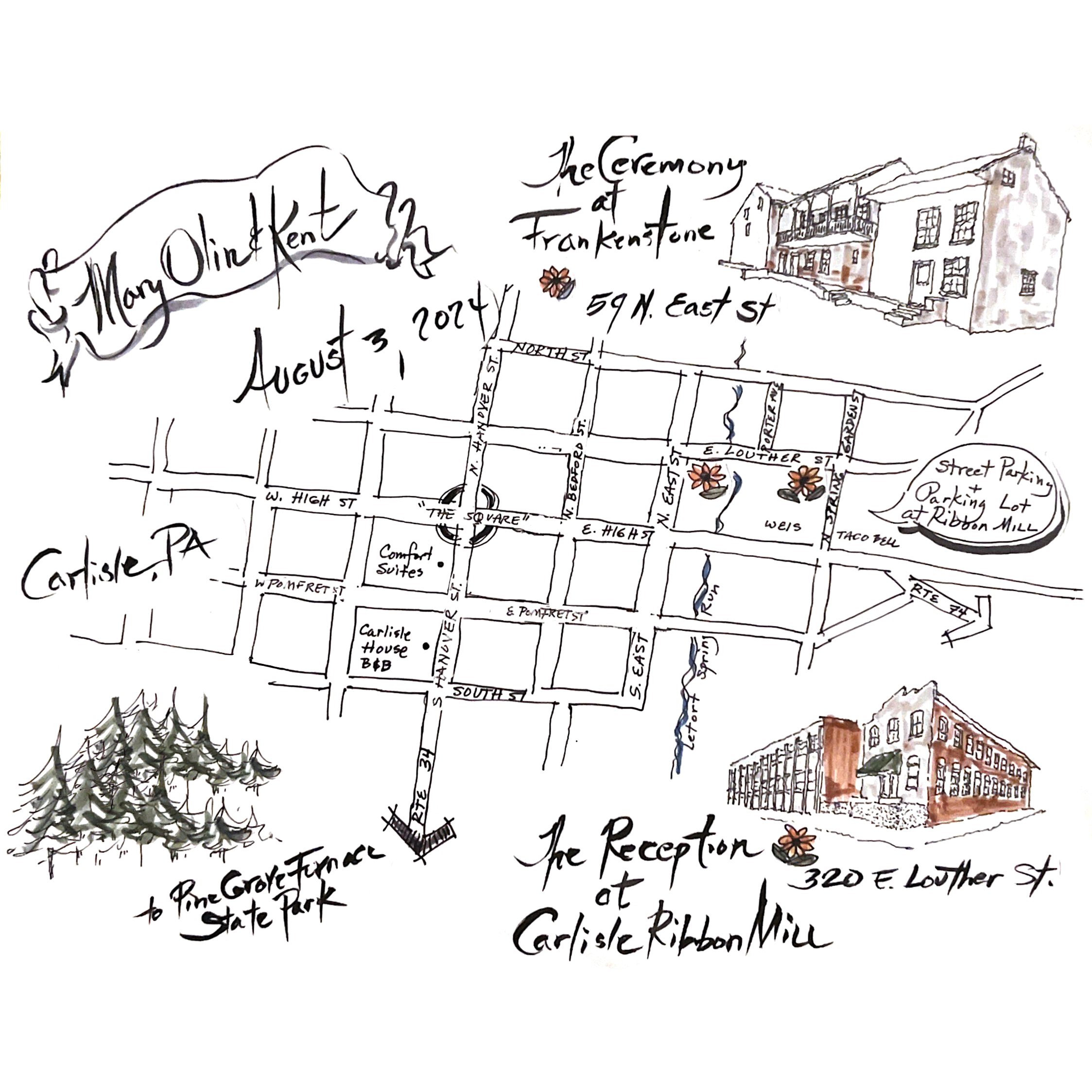 A map of Carlisle: Includes the Comfort Inn, Our House (ceremony), and the Ribbon Mill (reception).