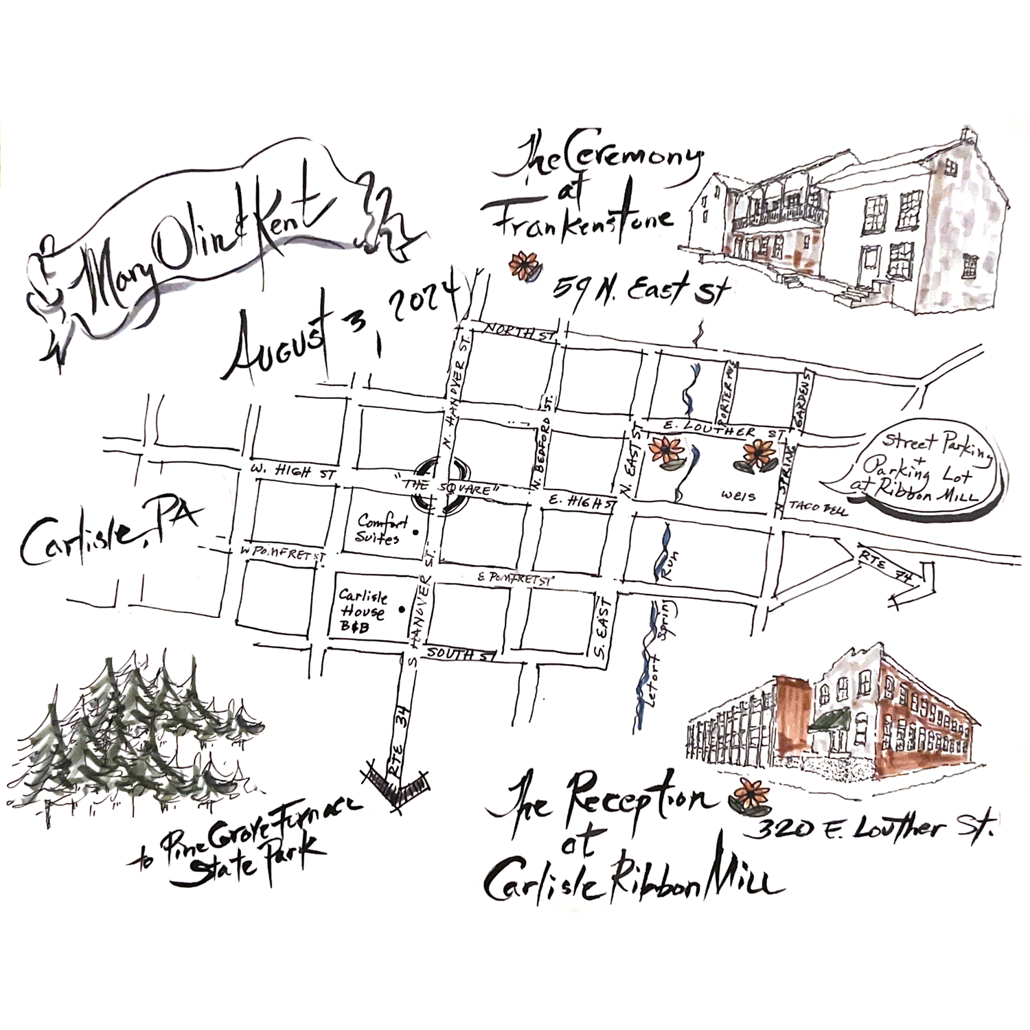 A map of Carlisle: Includes the Comfort Inn, Our House (ceremony), and the Ribbon Mill (reception).