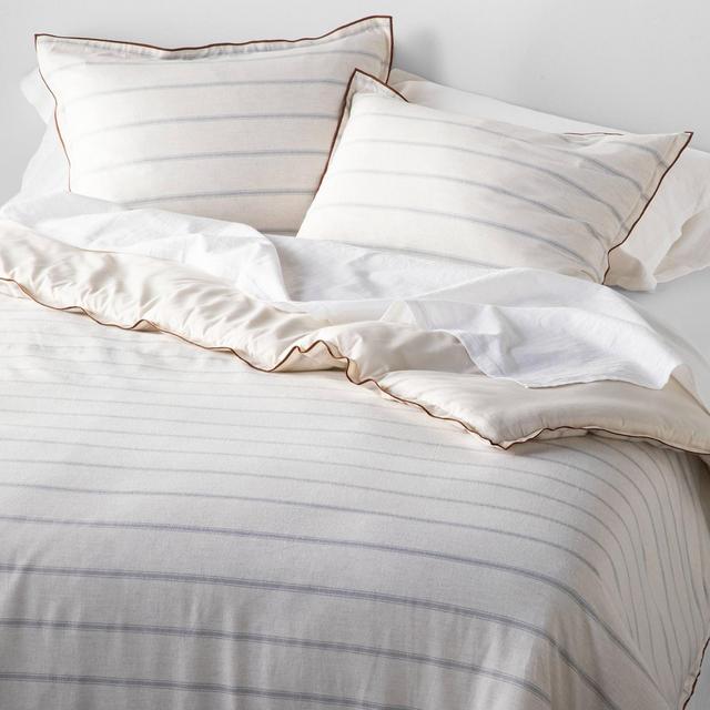3pc King Tick Stripe with Contrast Hem Duvet & Sham Set Light Blue - Hearth & Hand™ with Magnolia