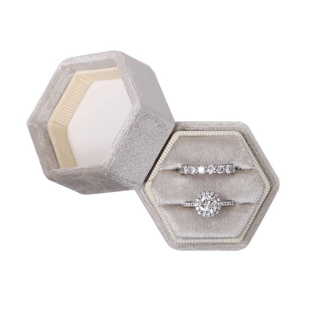 Hexagon Velvet Double Slots Ring Heirlooms Box Engagement Ring Box Proposal Box Ring Display Holder (Beige)