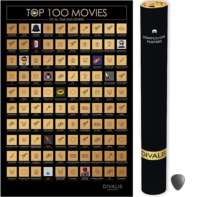 Top 100 Movies Scratch Off Poster - Films of all Time Bucket List - 24x16" Easy to Frame Scratchable Cinema Checklist Poster - Must See Movie Challenge - 100 Essential Movies Scratch off Calendar with Scratcher Included - Greatest Movies for Family to Watch