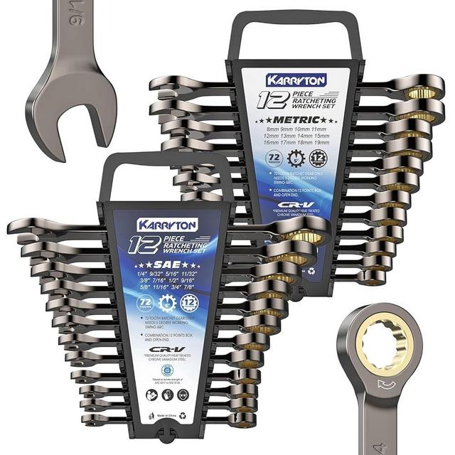 KARRYTON 24-Piece Ratcheting Wrench Set (Metric & SAE),72 Teeth Ratchet Combination Wrenches Set with Two Organizer Racks,Cr-V Steel,8-19mm & 1/4-7/8",Black Nickel Handle with Golden Ratchet