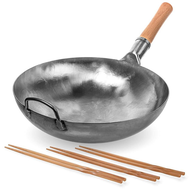 YOSUKATA Silver Round Bottom Pan – Stir Fry Pans For Cooking - Chinese Hammered Pow PLUS Reusable Natural Wooden Long Cooking Chopsticks Set of 3 pairs: 11.8 inch, 13-inch, 14.2 inch