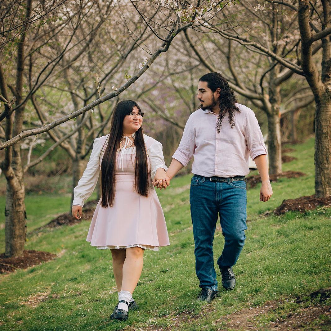 We recreated our engagement looks from last April and strolled under the blooming cherry blossoms.